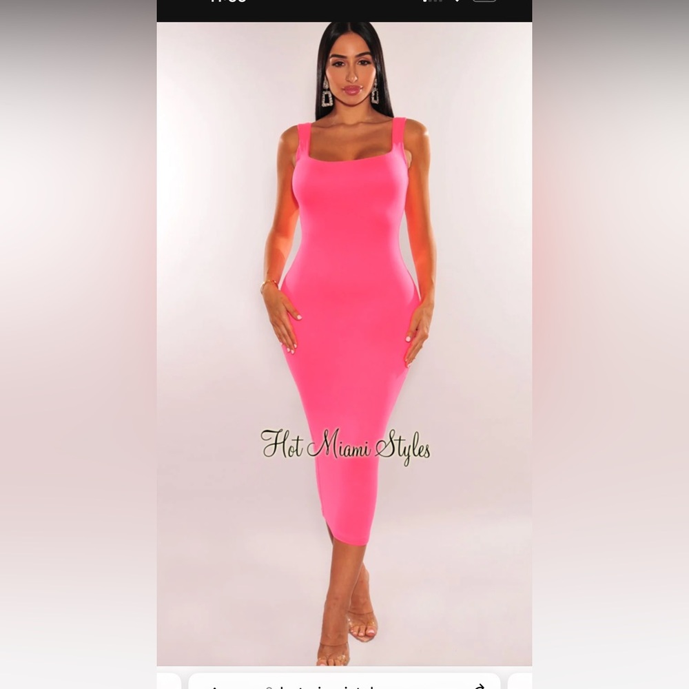 HMS ESSENTIAL: NEON PINK SQUARE NECK SLEEVELESS PERFECT FIT MIDI DRESS